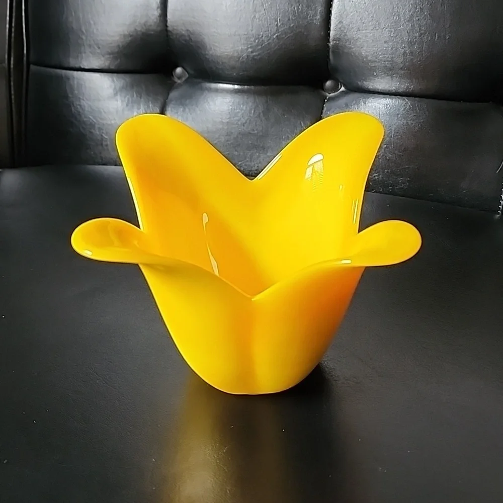 Vintage Yellow Satin Glass 4 Petal Flower Vase Makeup Bowl Candy Dish - Picture 3 of 6